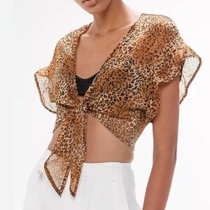 UO Urban Renewal Remnants cotton cropped animal print tie front ruffed top XS